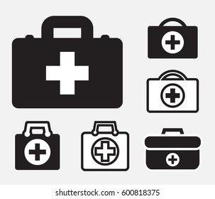 Doctors bag with cross, medical suitcase outline, medicine handbag illustration. First aid kit sign. Simple black icon set isolated