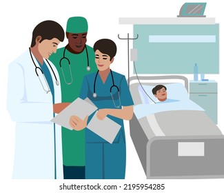 Doctors at the bed of a sick child confer on the best choice of treatment. Vector