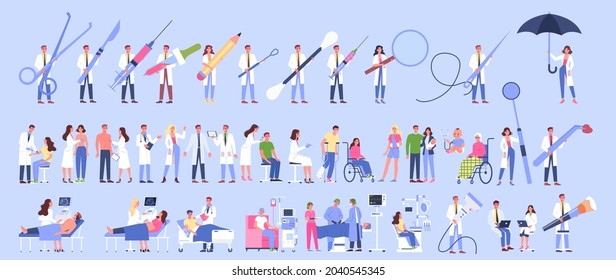 Doctors big set. Medical specialist holding a different equipment in the uniform. Healthcare, modern medicine treatment, expertise and diagnostic. Isolated vector illustration