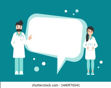 Médicos con gran burbuja de habla en fondo azul. Consulta médica en Internet. Servicio web de consultoría de salud. Apoyo hospitalario en línea. Doctor en informática. Pregúntele al doctor. Ilustración plana del vector