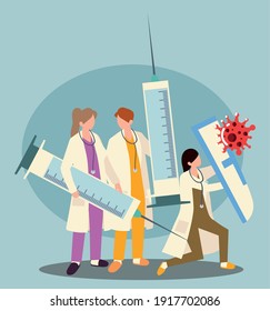 doctors big syringes shield, vaccine injection, prevention and immunization for covid 19 vector illustration