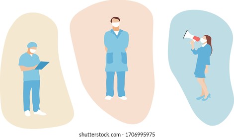 Médicos en azul con antecedentes separados en máscaras blancas. Ilustración vectorial.