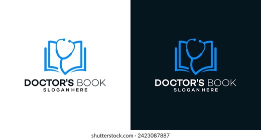 Doctor's Buch Logo Design-Vorlage. Stethoscope-Logo mit offenem Buch-Grafikdesign-Vektorgrafik. Symbol, Symbol, kreativ.