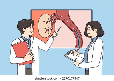 Doctors brainstorm talk about patient embolization. Medical colleague discuss diagnosis looking at organ picture. Hepatology and liver problem. Vector illustration. 