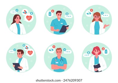 Tarjeta de visita de doctores. Avatares de terapeuta o cirujano, App consultor de personal hospitalario, médicos retratos conjunto de Ilustración vectorial plana. Trabajadores de clínicas médicas