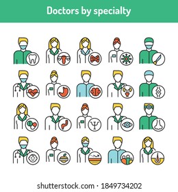 Doctors by specialty color line icons set. Subject matter experts.