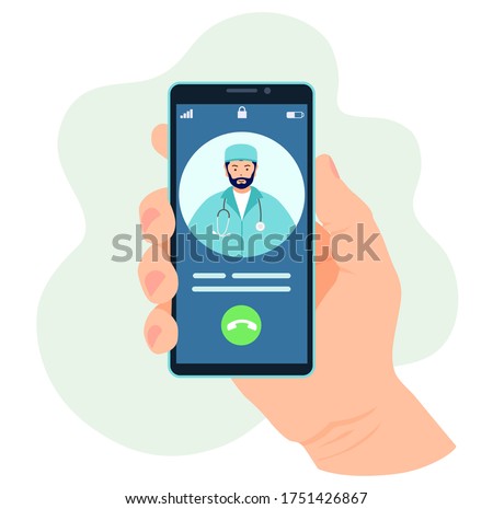 Doctor's call on the phone. Consultation, treatment of diseases, diagnostics online. Service and application for remote patient care. Vector illustration in a flat style. Medecine, modern technology.