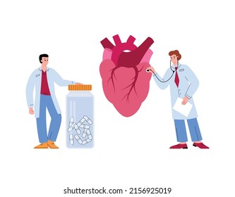 Médicos cardiólogos revisando el corazón y ofreciendo medicamentos. Concepto de salud cardiológica y de salud cardiológica, ilustración vectorial plana aislada en fondo blanco.