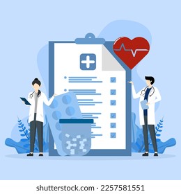 Doctor's care review report, health information checklist about health diagnosis, medical service health information check, Consultation meeting between medical team, flat vector