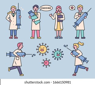 Doctors are carrying a large vaccine syringe to fight the virus. flat design style minimal vector illustration.