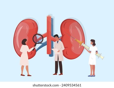 Médicos que realizan investigaciones médicas, exámenes de riñón. Tratamiento de la enfermedad renal en el paciente. Diseño de pancartas. Logotipo. Verificar el concepto. ilustración vectorial