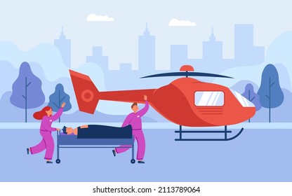 Doctors carrying patient to helicopter flat vector illustration. Male and female people in medical uniform carrying stretchers with emergency patient. Air medical transport, health, ambulance concept