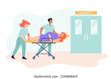 Doctors Carrying Pregnant Woman To Emergency Room. Expecting Mother Or Patient Lying On Gurney And Preparing To Give Birth Flat Vector Illustration. Childbirth, Urgency, Hospital Concept