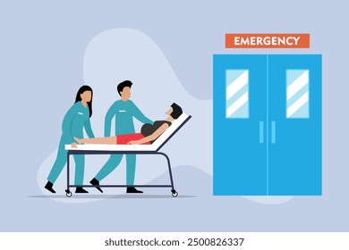 Doctors carrying pregnant woman to emergency room. Expecting mother or patient lying on gurney and preparing to give birth 2d flat vector illustration