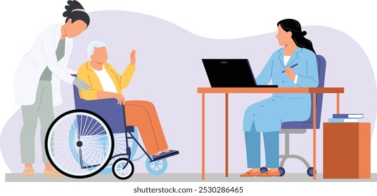 Doctors chamber with patient in doctor's room at medical and elderly patient in a wheelchair is assisted by a nurse to patient care, elderly assistance, and medical consultation in healthcare setting.