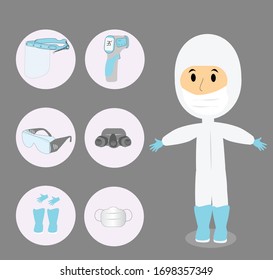 Doctors character wearing in full protective suit clothing isolated and safety equipment