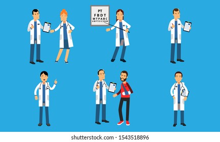 Doctors Characters Advise, Conduct Research, Test Vision, Prescribe Prescriptions Vector Illustration Set Isolated On Blue Background