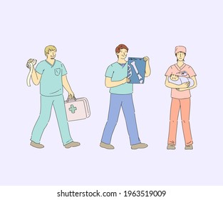 Doctors Characters. Hospital Healthcare Staff Doctor Traumatologist, Surgeon, Nurse Midwife. Medical Team Professional Hospital Workers. Medicine Profession Occupation Cartoon Vector