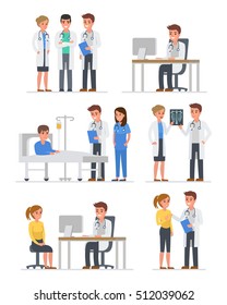 Doctors Characters Set. Doctors Group, Doctor With Patient, Doctor With Computer. Vector Illustration. 