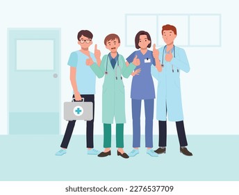 Doctors characters set. Group of hospital medical staff standing together. Male and female medicine workers. Flat vector illustration
