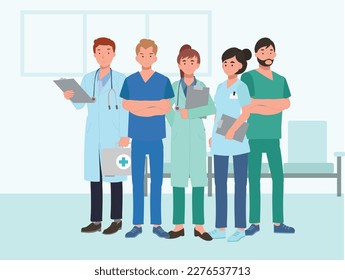 Doctors characters set. Group of hospital medical staff standing together. Male and female medicine workers. Flat vector illustration