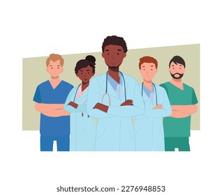 Doctors characters set. Group of hospital medical staff standing together. Male and female medicine workers. Flat vector illustration