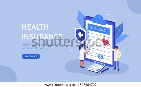 \
Doctors Characters stand\
near Health Insurance Contract. Staff in Hospital Office filling\
Medical Document Form. Health care Concept. Flat Isometric Vector\
Illustration.