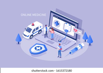 Doctors Characters Standing Near Laptop with Medical Website. Medical Staff Checking Patient Health and Prescribing Medicament. Healthcare and Ambulance Concept. Flat Isometric Vector Illustration.
