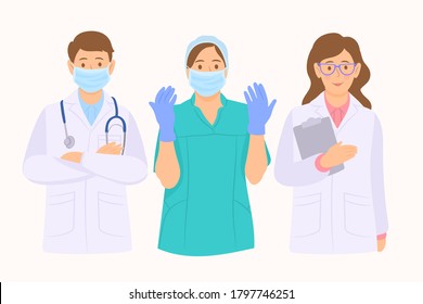 Doctors characters in white medical face mask