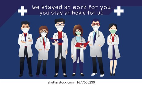 doctors characters work in Hospital. Doctors, Other Medical Staff Standing Together. doctors stay at work for you Male and Female Medical Characters Set. corona virus concept, Flat vector