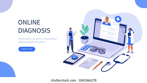 Doctors Characters working on Laptop in Hospital. Medical Staff Checking Patients Medical History and Diagnosing Online. Healthcare and Online Medicine Concept. Flat Isometric Vector Illustration.