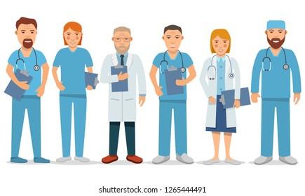 Doctors characters.Female doctor,nurse.Medical hospital staff people.Surgeon man and woman.Flat vector.Isolated illustration.