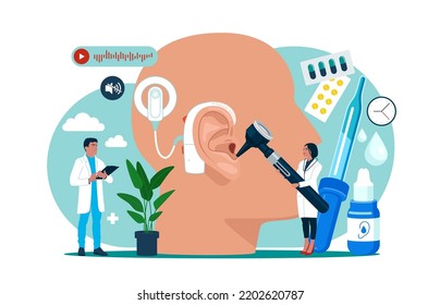 Doctors Check Health of Ear. Cochlear implant device electrically stimulates nerve medical aid ear sound wave adults hard middle exam. Modern methods of diagnostics and treatment.