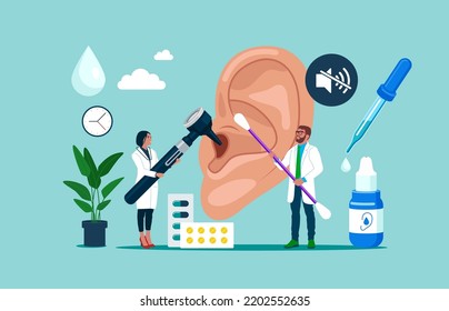 Doctors Check Health of Ear, Hearing organ. Deafness, Hearing Loss.  Medical examination, Test of Ears.  Flat vector illustration.