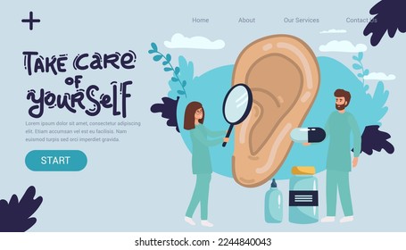 Doctors check health of ear, hearing organ. Medical examination, test and treatment of ear, otolaryngology. Ent checks loss hearing. Vector flat illustration.