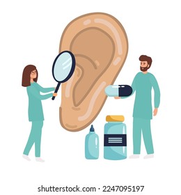 Doctors check health of ear, hearing organ. Medical examination, test and treatment of ear, otolaryngology. Ent checks loss hearing. Vector flat illustration