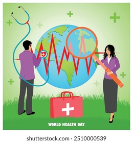 Doctors check the health of the earth with a stethoscope. Health equipment with a heartbeat. World Health Day concept. Flat vector illustration.