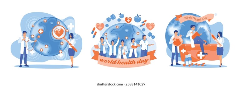 Doctors check the health of the earth with a stethoscope and magnifying glass. Commemorating World Health Day, April 7. Several doctors holding medical equipment. World Health Day concept. 