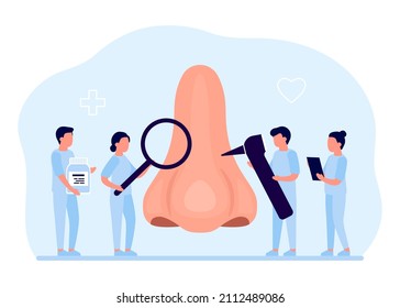 Doctors Check Health Of Nose, Breathing Organ. Surgery Rhinoplasty. Medical Nasal Examination, Test And Treatment, Otorhinolaryngology. Smell Loss, Congestion Nose. Vector Flat Illustration