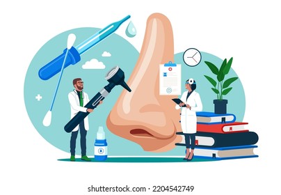 Doctors Check Health Of Nose, Breathing Organ. Medical Nasal Examination, Surgery Rhinoplasty, Otorhinolaryngology. Congestion Nose, Smell Loss.