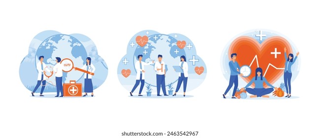 Doctors check the health world globe with a stethoscope. Doctors and medical workers are celebrating Health Day. World Health Day concept. Set flat vector modern illustration 