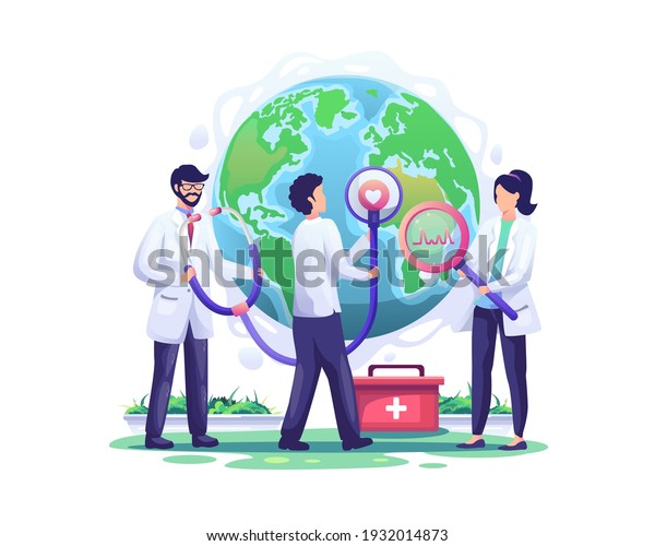 Doctors check the health world globe with a stethoscope in the order of world health day. hospital wallpaper mural illustration