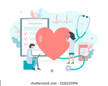 Doctors check heart health. Medicine concept with tiny people. Flat vector illustration.