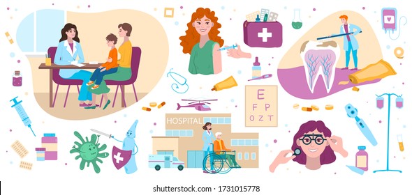 Doctors check in hospital child, vaccination for virus immunity health medicine by physician, healthcare set of vector illustrations and icons. Doctor medical treatment, stomatology, virus prevention.
