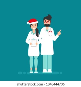 Doctors with check list and Christmas hat on blue background. Winter precautions list. Check yourself. Stay safe at holidays. Medical internet consultation. Healthcare, hospital support online. 