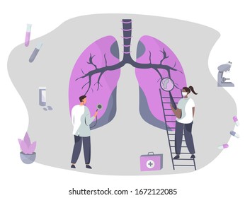 Doctors Check Lungs.Pulmonology Concept.Female Nurse Examines Huge Lungs with Magnifying Glass.Doctor Listens Patient's Lungs with stethoscope.Microscope on background.Vector Illustration