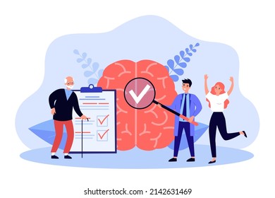 Doctors checking brain health of elderly patient. Tiny man holding magnifying glass to study flat vector illustration. Alzheimer, dementia concept for banner, website design or landing web page