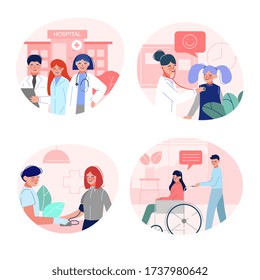 Doctors Checking Up and Consulting Patients in Medical Clinic, Medical Treatment and Healthcare Vector Illustration