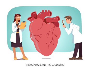 Doctors checking heart health. Cardiologist man and woman persons examine cardiovascular system in medical hospital. Cardiology research, health care, cardiac disease concept flat vector illustration