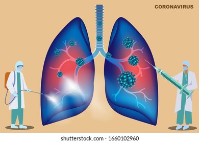 Doctors checking the human lungs spraying chemical to virus and injection the vaccine to stop coronavirus infection Medical concept vector illustration